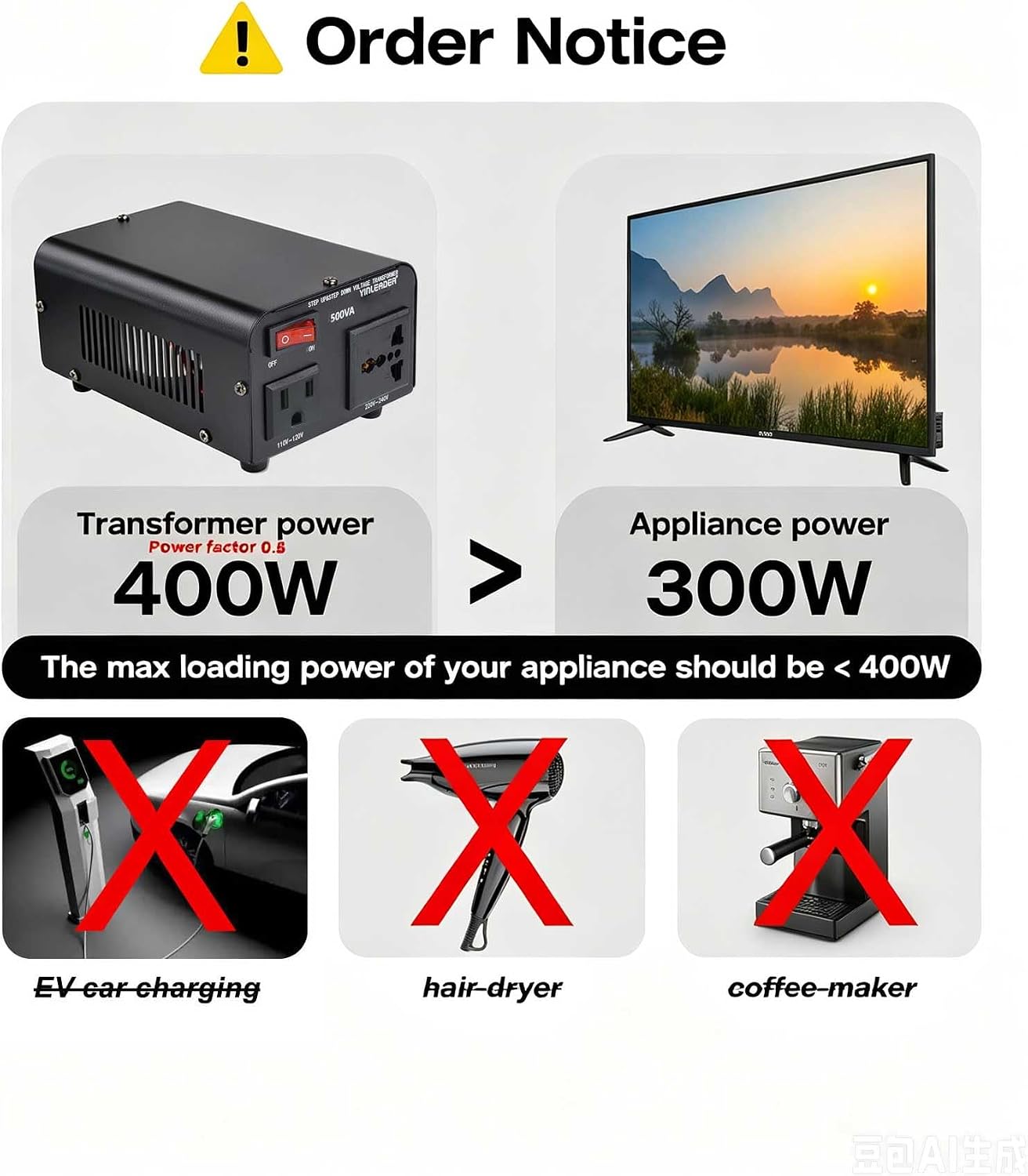 500W Voltage Transformer Power Converter 110V to 220V, 220V to 110V | Yinleader Step Up/Down Converter 110/120 Volt - 220/240 Volt w/US Power Cord [300W Continuous Power]
