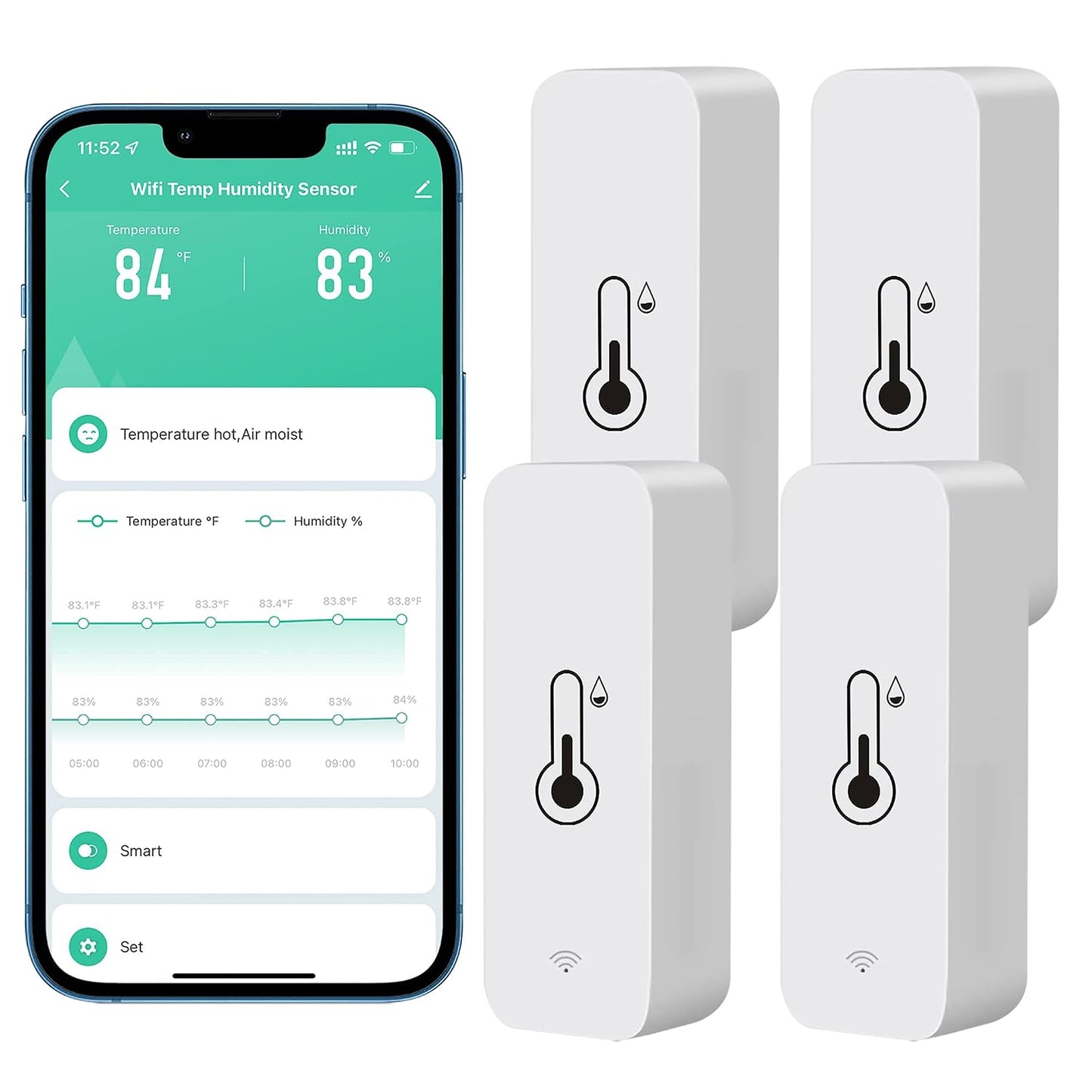 WiFi Thermometer Hygrometer Sensor, Wireless Temperature and Humidity Sensor for Indoor and Outdoor Use with Remote App Notification Alarm, Works with The Tuya App (1 Pack)