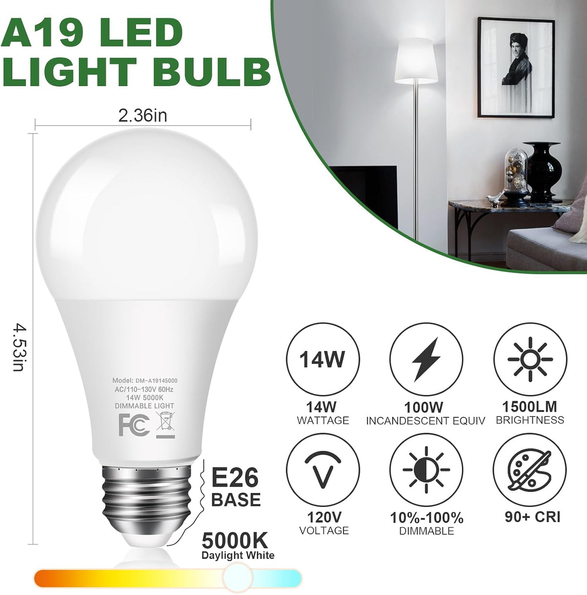 14W 1500LM Dimmable LED Light Bulbs 100 Watt Equivalent Bright A19 LED Bulbs with E26 Medium Base Daylight White 5000K CRI 90+ for Home Office Bedroom Kitchen, 10 Packs