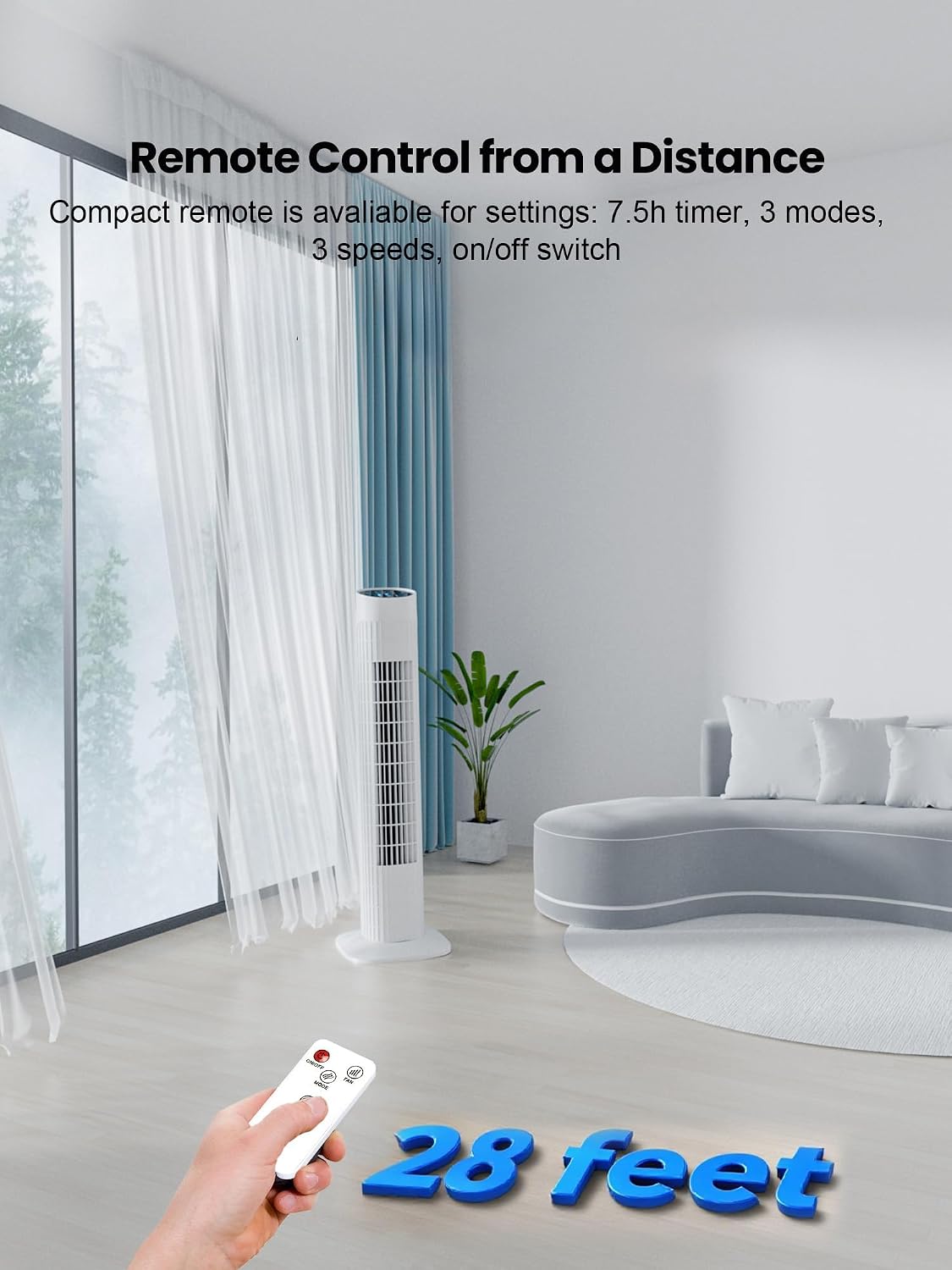 Uthfy Tower Fan with Remote, Portable 120° Oscillating Standing Fan, 3 Speeds & 3 Modes, 7.5H Timer, Fans That Blow Cold Air for Bedroom, Living Room, Office, White