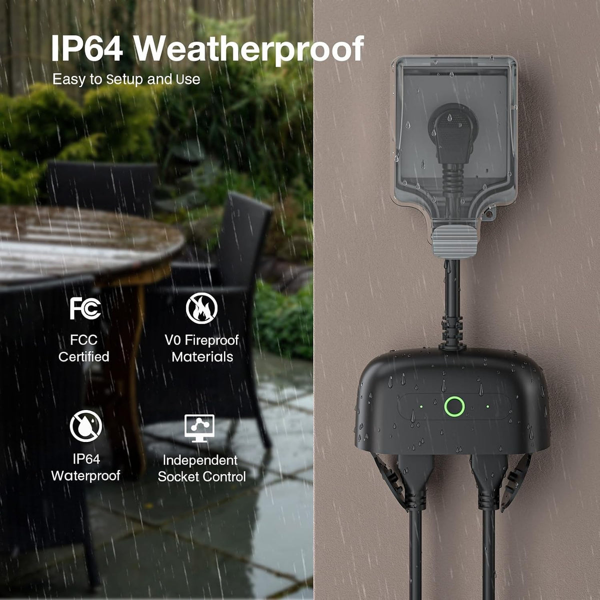 GHome Smart Outdoor Smart Plug, Smart Home Wi-Fi Outlet with 2 Sockets, IP64 Weather Resistance, Compatible with Alexa, Google Home & SmartThings, No Hub Required