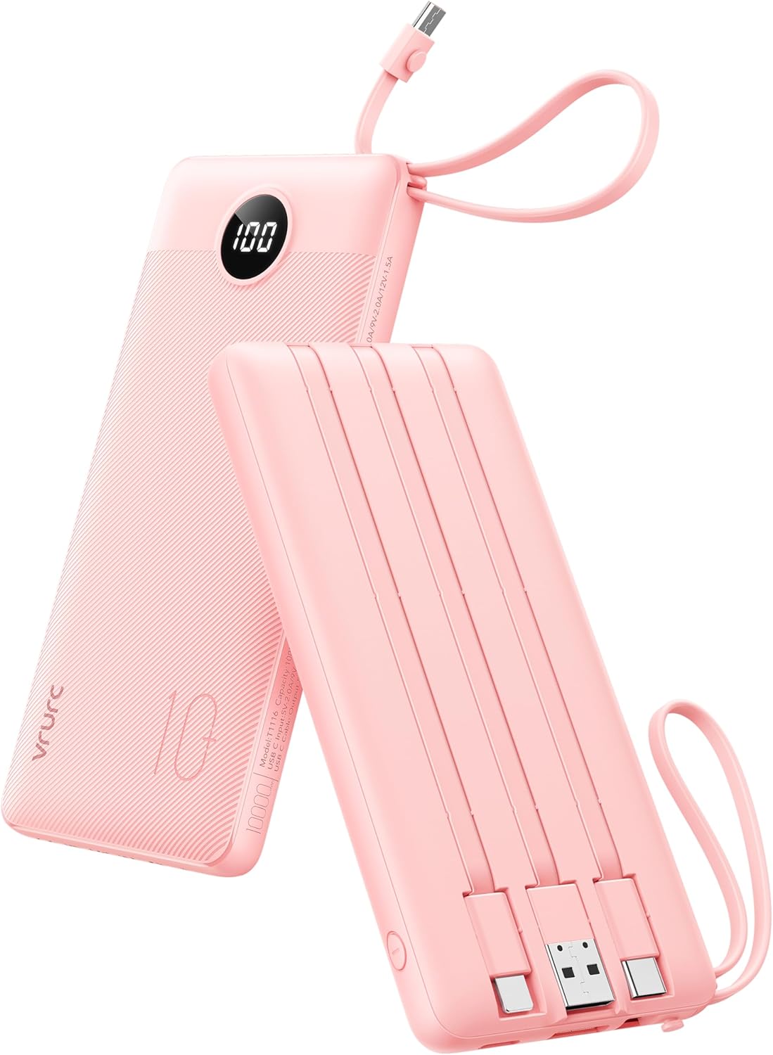 VRURC Portable Charger Power Bank, Built-in 4 Cables &amp; 2 Ports,10000mAh Slim Battery Pack with LED Display, Travel Essential USB C Portable Phone Charger for All Cell Phones Devices-Pink(1 Pack)
