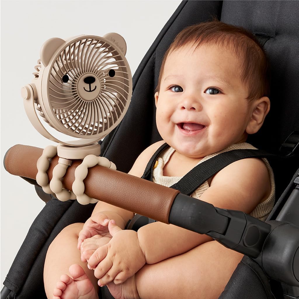 Itzy Ritzy Baby Stroller Fan, Rechargeable Fan with Wraparound Legs (Bear) | 360° Swivel, Flexible Wraparound Legs Attach to Strollers & Car Seats, USB Rechargeable with 3 Speeds for Cooling On the Go