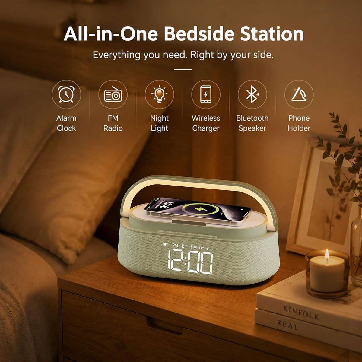 Bluetooth Speaker with Wireless Charger Snooze Function FM Radio Warm Light
