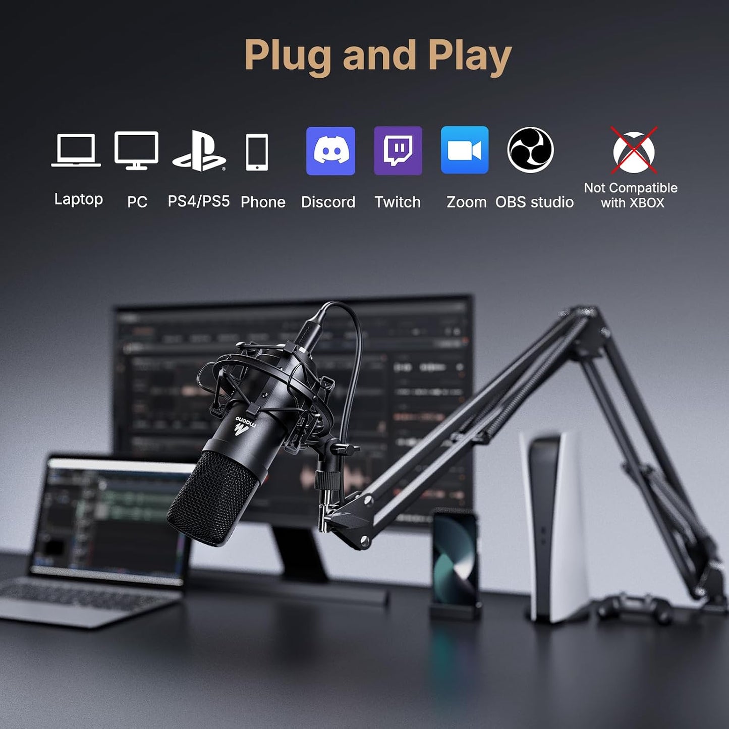 MAONO AU-A04H USB Microphone Kit with Headphones for PC, Podcast & Gaming | 192kHz/24Bit Vocal Condenser Cardioid Studio Mic Compatible with Mac & Windows for Recording, YouTube, Streaming, Voice-Over