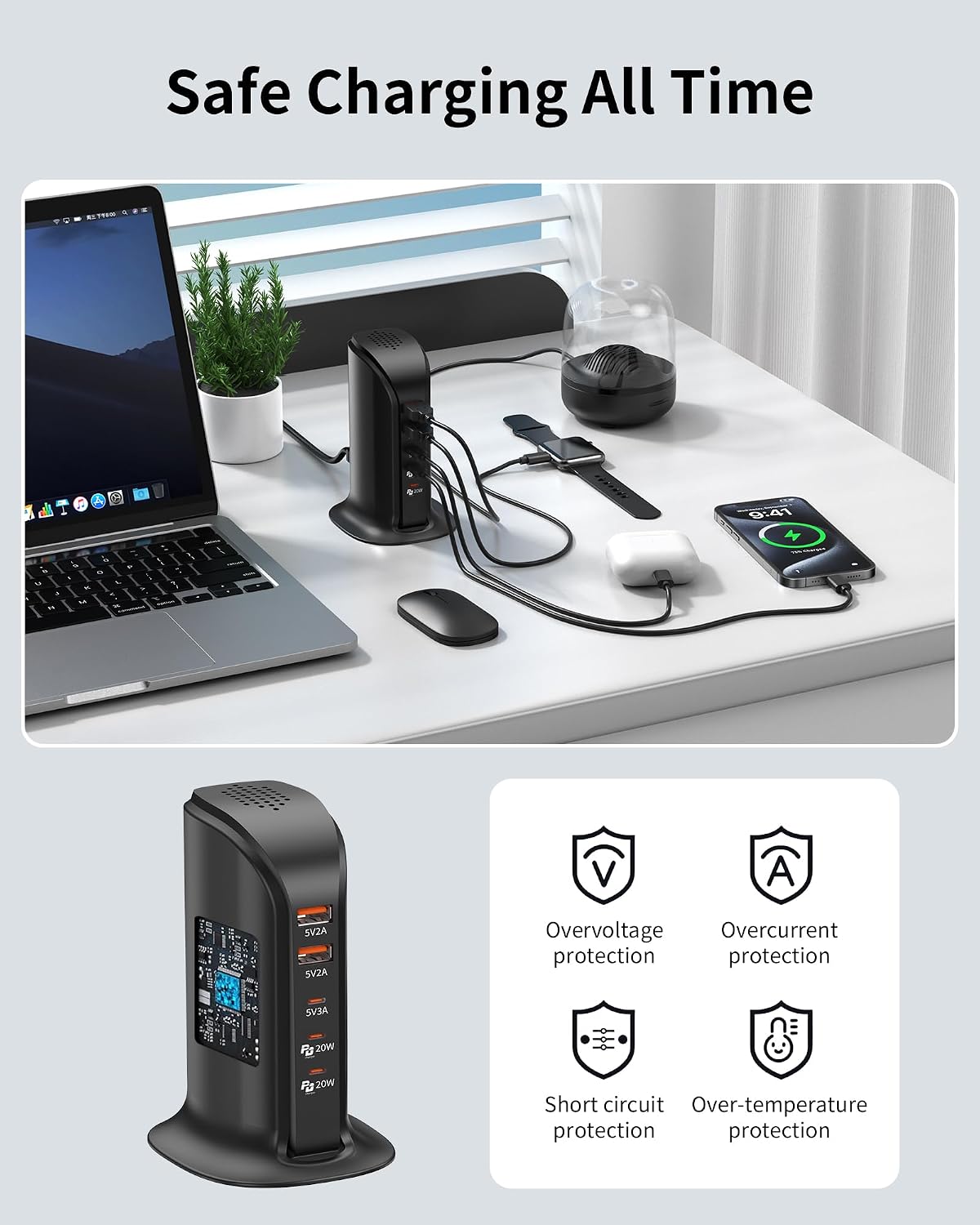 Charging Station for Multiple Devices: 5 USB Ports Wall Charger Block with Extension Cord, PD 20W Fast Charging Hub Charger Tower for iPhone iPad Tablets Smartphones, Home Office Use (Black)