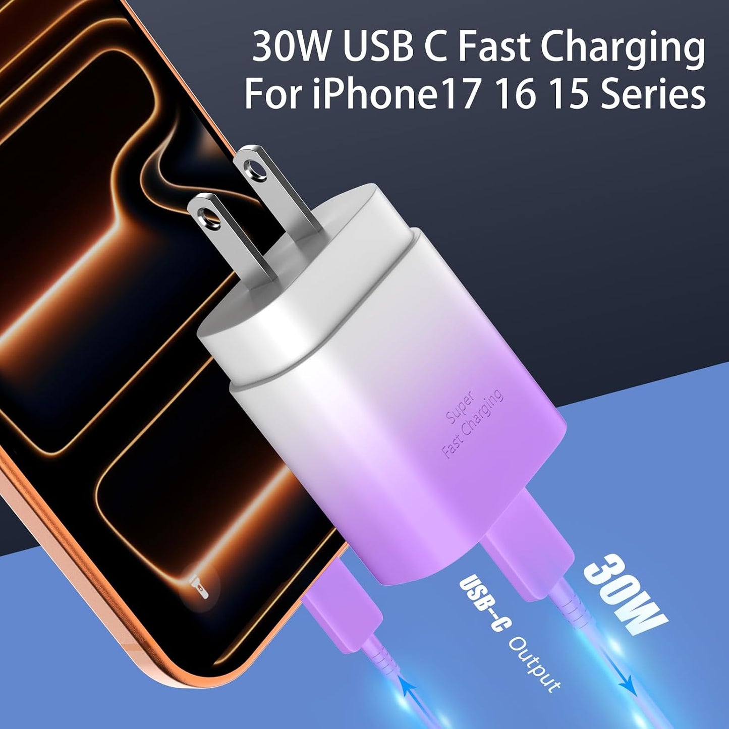 Phone 17 16 15 Charger Fast Charging,30W USB C Phone 17 16 15 Pro Max Charger Block&10FT Long Type C Cable Cord for i.Phone 17/17 Air/17 Pro/17 Pro Max/16/16 ProMax/15/15 Pro Max,Purple Gradient