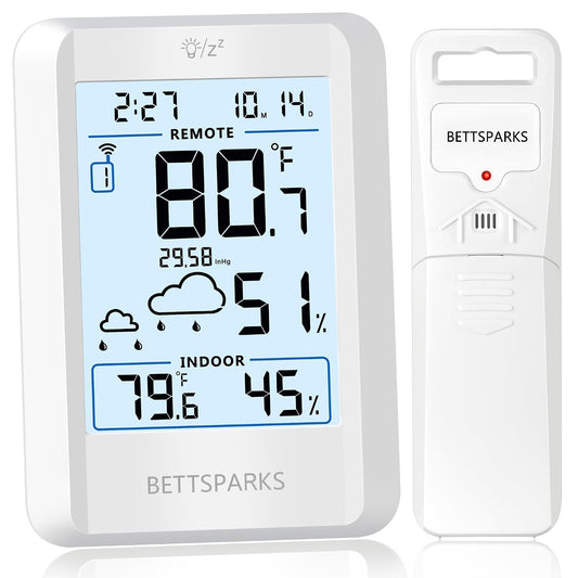 Indoor Outdoor Thermometer Wireless Weather Station with 330FT Range Remove Sensor Inside Outside Digital Hygrometer Thermometer Battery Powered Temperature Gauge Humidity Monitor with Clock&Backlight