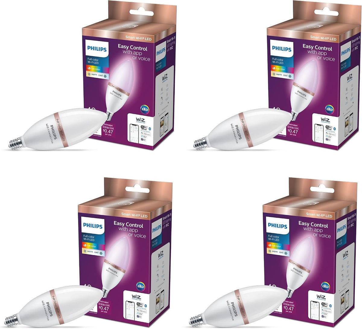 PHILIPS Smart 40W B12 Color LED Smart Candle-Shaped Bulb 4-Pack- E12- Indoor - Connects to Your Existing Wi-Fi - Control with Voice or App + Activate with Motion - Matter Compatible