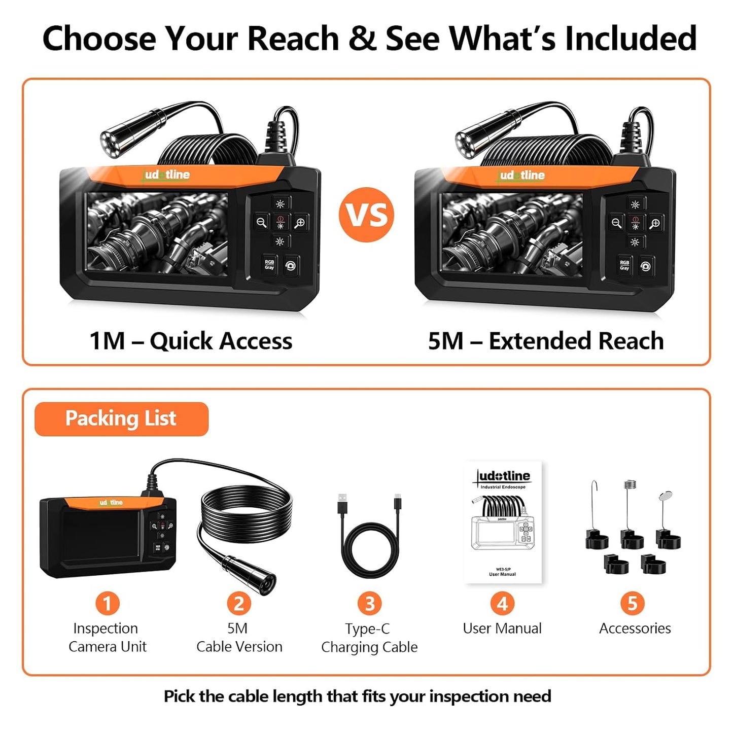 Inspection Camera with Screen, 8 LED Borescope Camera, IP67 Waterproof | Color & B&W Dual View, 2600mAh Rechargeable, Type-C Charging, 1M/5M Flexible Cable for Auto, Pipe & Wall Inspection