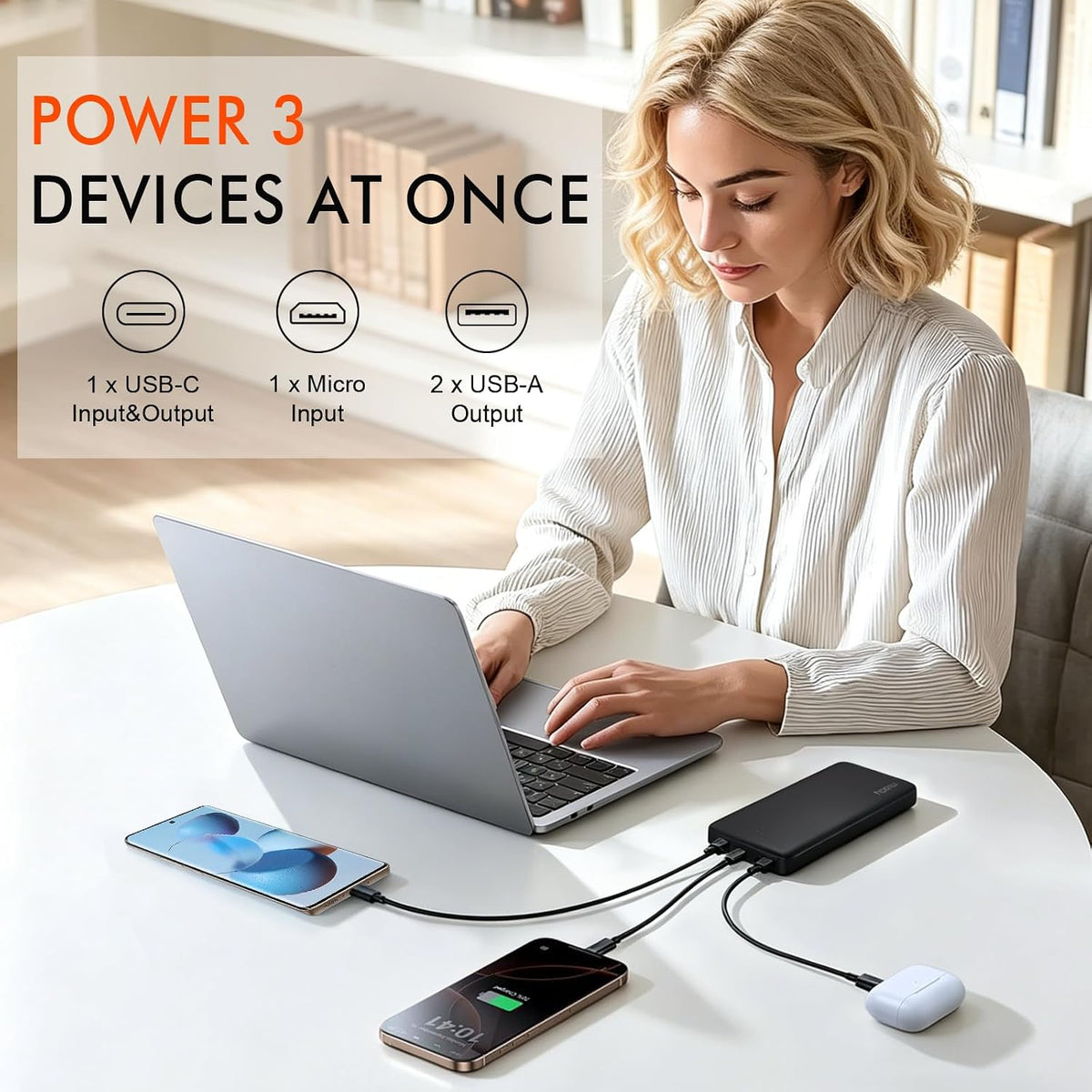 Miady 2-Pack Portable Charger 10000mAh Power Bank 22.5W Travel Battery Pack | 37Wh丨Fast Charging丨3 Outputs 2 Inputs丨Slim丨Compatible with iPhone 17 Galaxy S24 Android Tablets etc丨Flight-Safe丨Black+White