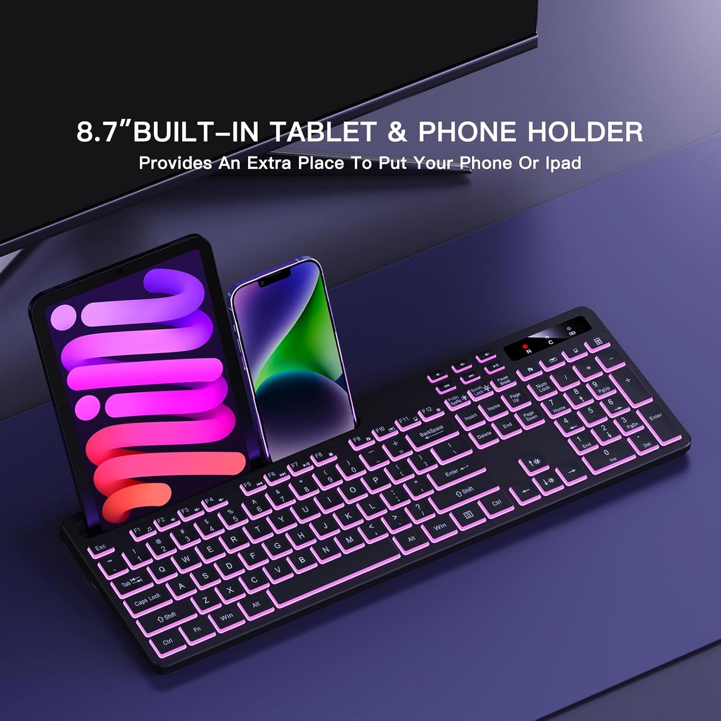 Soueto Wireless Keyboard with 7-Color RGB Backlit, Full-Size Computer Keyboard with Phone Tablet Holder, 2.4G Rechargeable Gaming Keyboard with Light Up Keys, Compatible with Mac, Windows (Black)