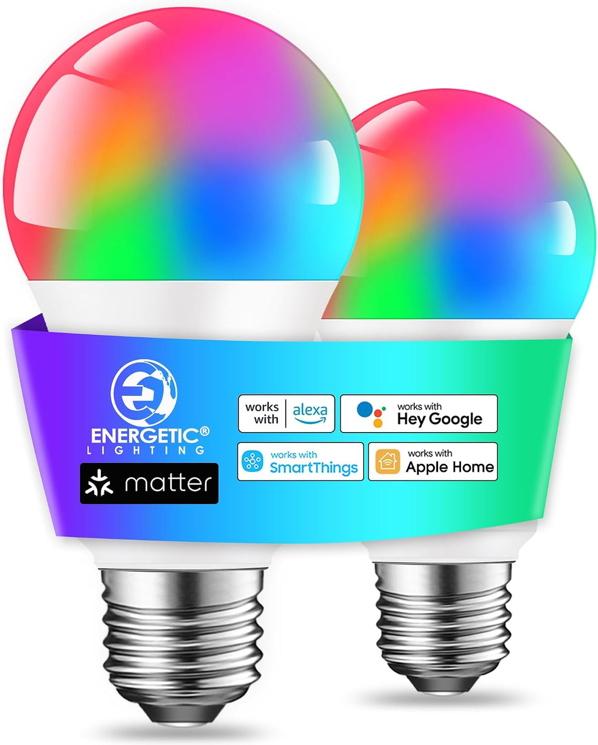 Energetic Light Bulbs Work with Alexa/Apple Home/Google Home/SmartThings, Matter Smart A19 LED Light Bulb, E26 RGB Smart Bulbs, 60W Equivalent, 800LM, 2.4 Ghz WiFi Only, Smart Speaker Required, 4 Pack