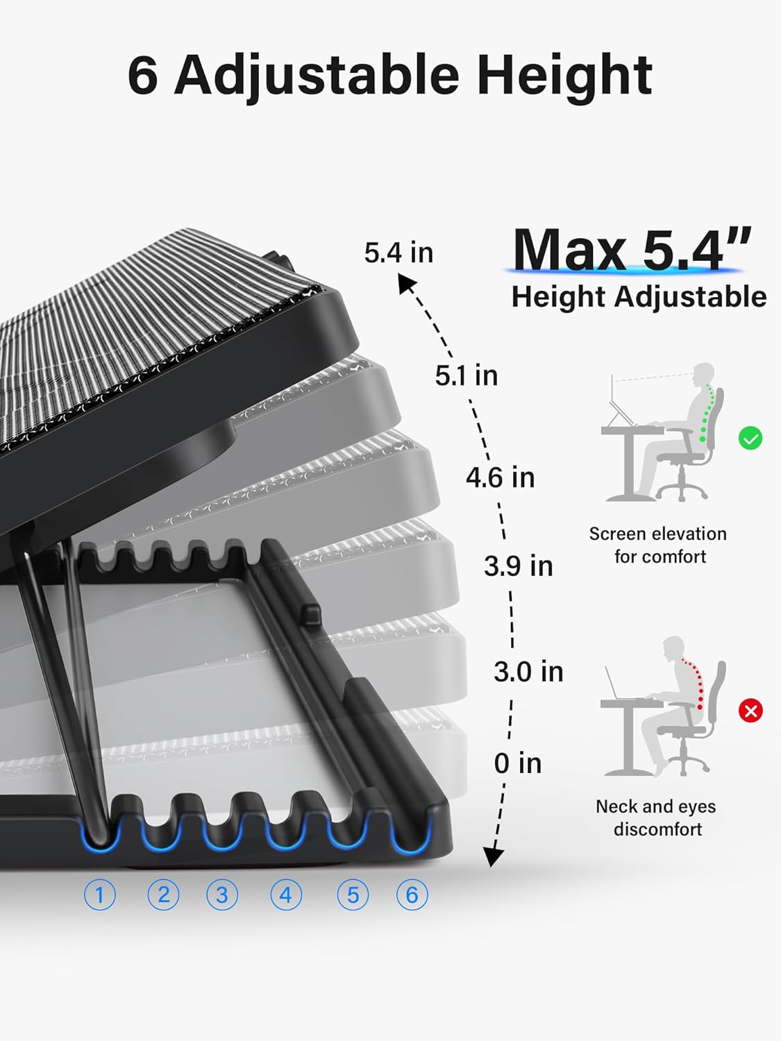 Kootek Laptop Cooling Pad Cooler Stand with 5 Quiet Fans for 12"-17" Laptop | 5 Fans, USB Powered, Laptop Cooling Stand with 2 USB Hub, 6 Adjustable Height, 360° Cooling Coverage, Anti-Slip, Blue LED