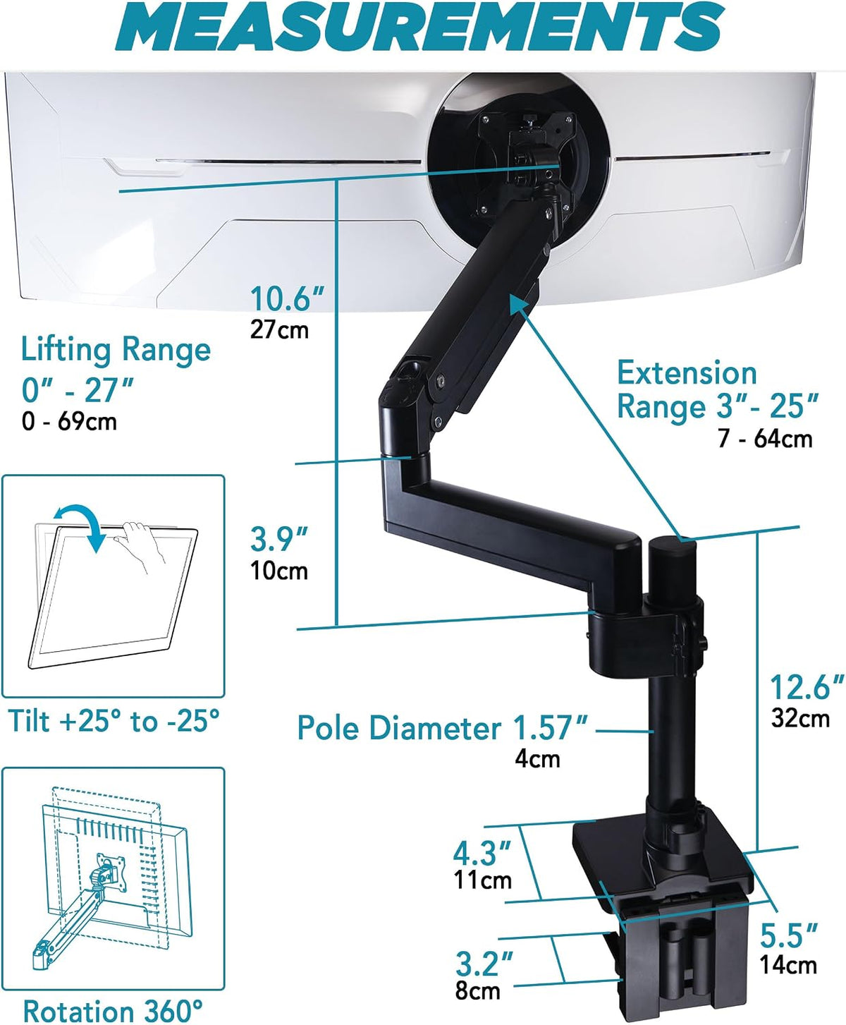 ULTRARM Heavy Duty Monitor Arm for Ultrawide Monitors up to 57" and 44 lbs, Single Desk Stand, Pneumatic Height Adjustable, Modular Extension Arms - Max VESA 100x100, Black, MA20P-S