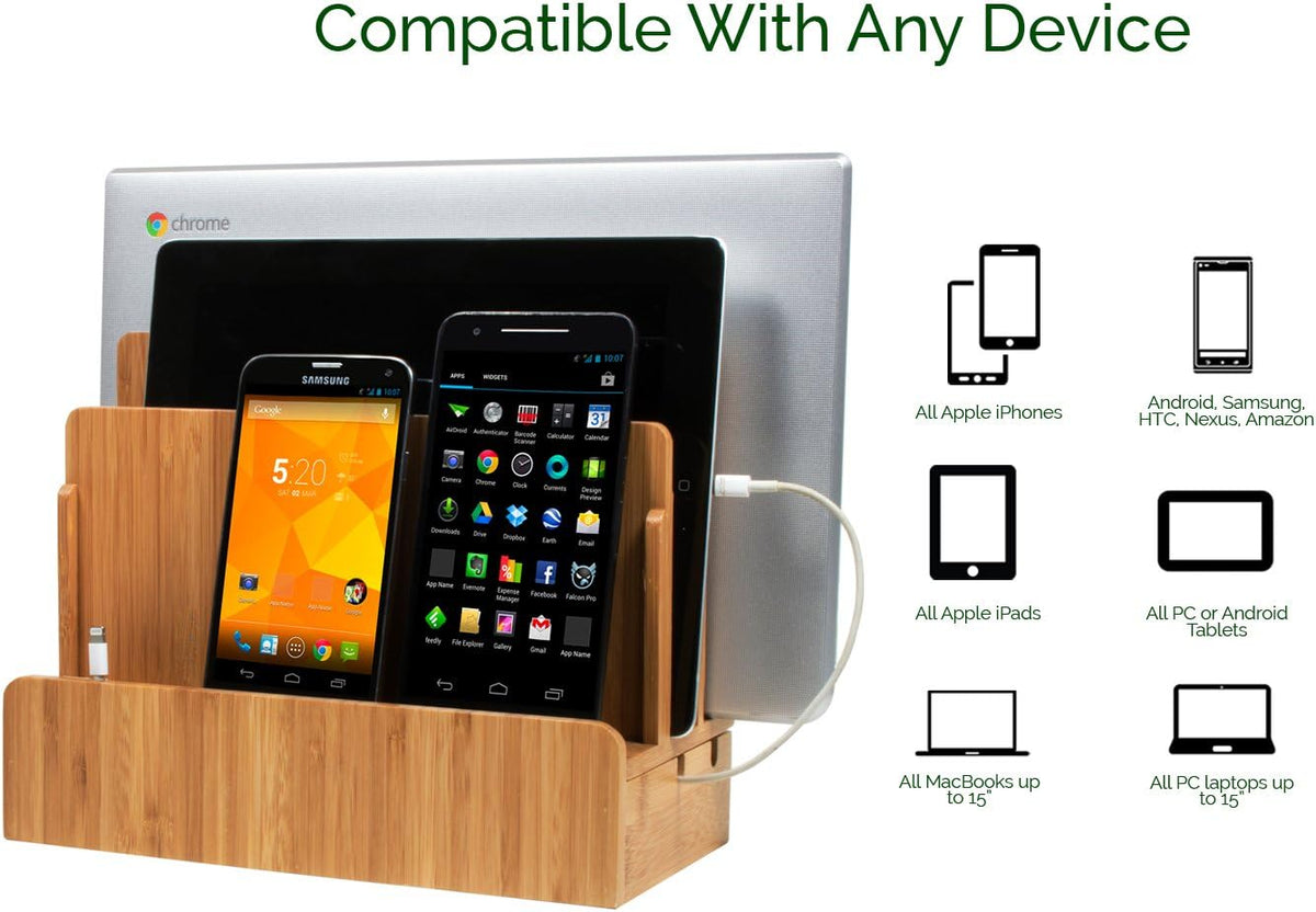 Great Useful Stuff G.U.S. Multi-Device Charging Station Dock & Organizer - Multiple Finishes Available. for Laptops, Tablets, and Phones - Strong Build, Eco-Friendly Bamboo