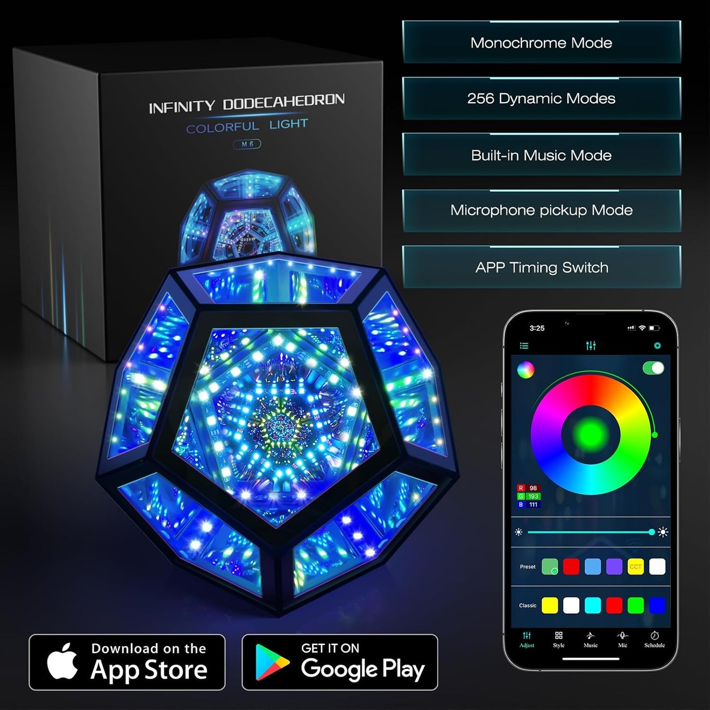 MITO Infinity Mirror Light Dodecahedron, RGBW Cube Light Decor for Gaming | Music sync RGBW audio visualizer, 258 Dynamic effects, APP controlled, Multi-scene decor, Portable, Birthday Christmas Gift