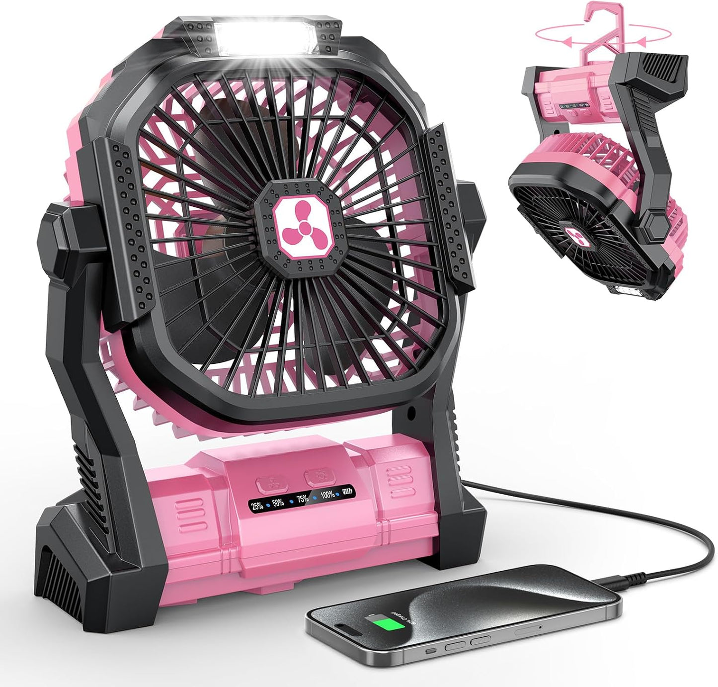 Portable Fan Rechargeable 20000mAh Cordless Battery Powered Camping Fan | with LED Lantern, Small Table Fan, USB Battery Operated Fans for Travel Bedroom Home Camping Tent Office Beach Desk Pink