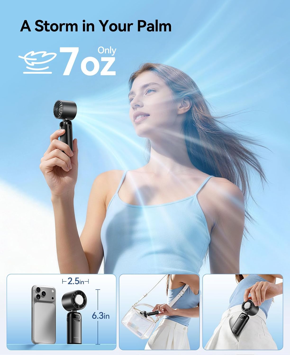 KIMMOO Handheld Portable Turbo Fan with Ice Cooler, Powerful 21000 RPM, Speed (1-199), Up to 14Hrs Cooling, Rechargeable Personal Fan, Small Pocket Hand Fans for Travel/Outdoor/Home/Office (Black)