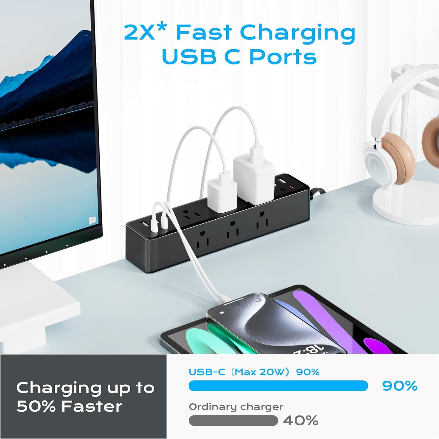 Desk Clamp Power Strip 10FT, 40W Total Fast Charging Station | 9 AC Outlets 8 USB Ports(4 USB C), 2 PD20W USB C Ports, Flat Plug Extension Cord, Desk Edge Mount, Fit 1.7" Tabletop Edge