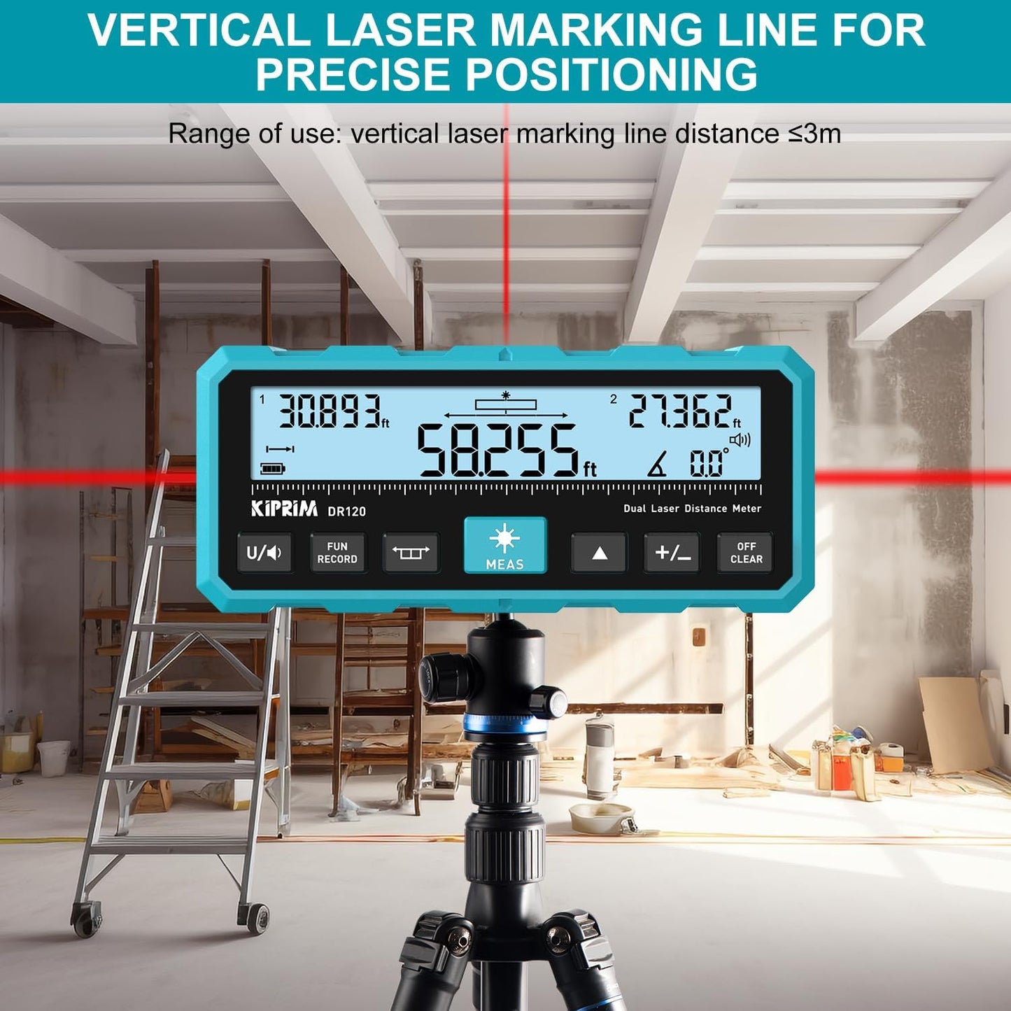 Kiprim DR120 Dual Laser Distance Meter, 393ft/120m, Bidirectional Laser | Bidirectional emission dual laser rangefinder with vertical marking line & electronic level. Supports M/Ft/in unit switching