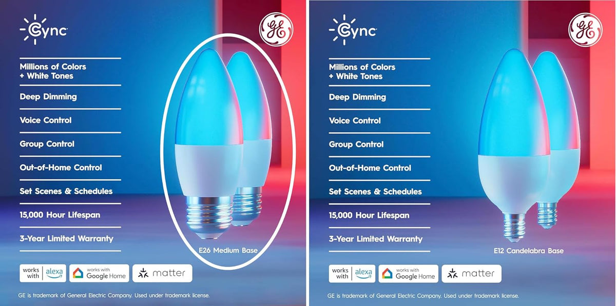 Cync GE Smart LED Light Bulbs, Color Changing Decorative Light Bulbs, Indoor WiFi Lights, Matter Compatible, Compatible with Alexa and Google Home, Medium Base (3 Pack)