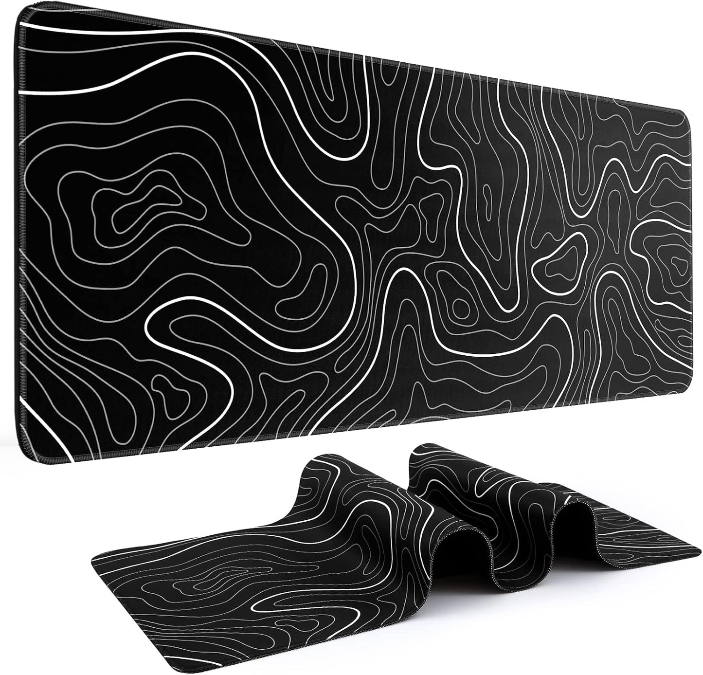 DIGSOM Gaming Mouse Pad, Black with White Topographic Line, 31.5x11.8in | XL Mouse mat, Smooth surface, Anti-slip rubber base, For keyboard and mouse, For home and office use