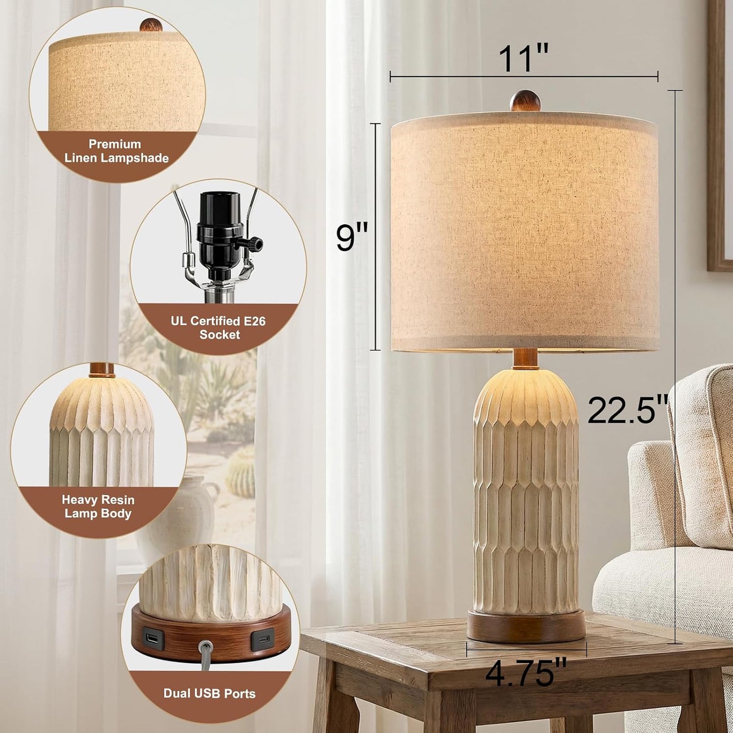 22" Bedside Table Lamps Set of 2, Farmhouse Lamp with USB A+C, Brown | Vintage Nightstand Lamp for Bedroom, Retro Design, Home decor for living Room, Nursery, Home Office, End Side table, Hallway