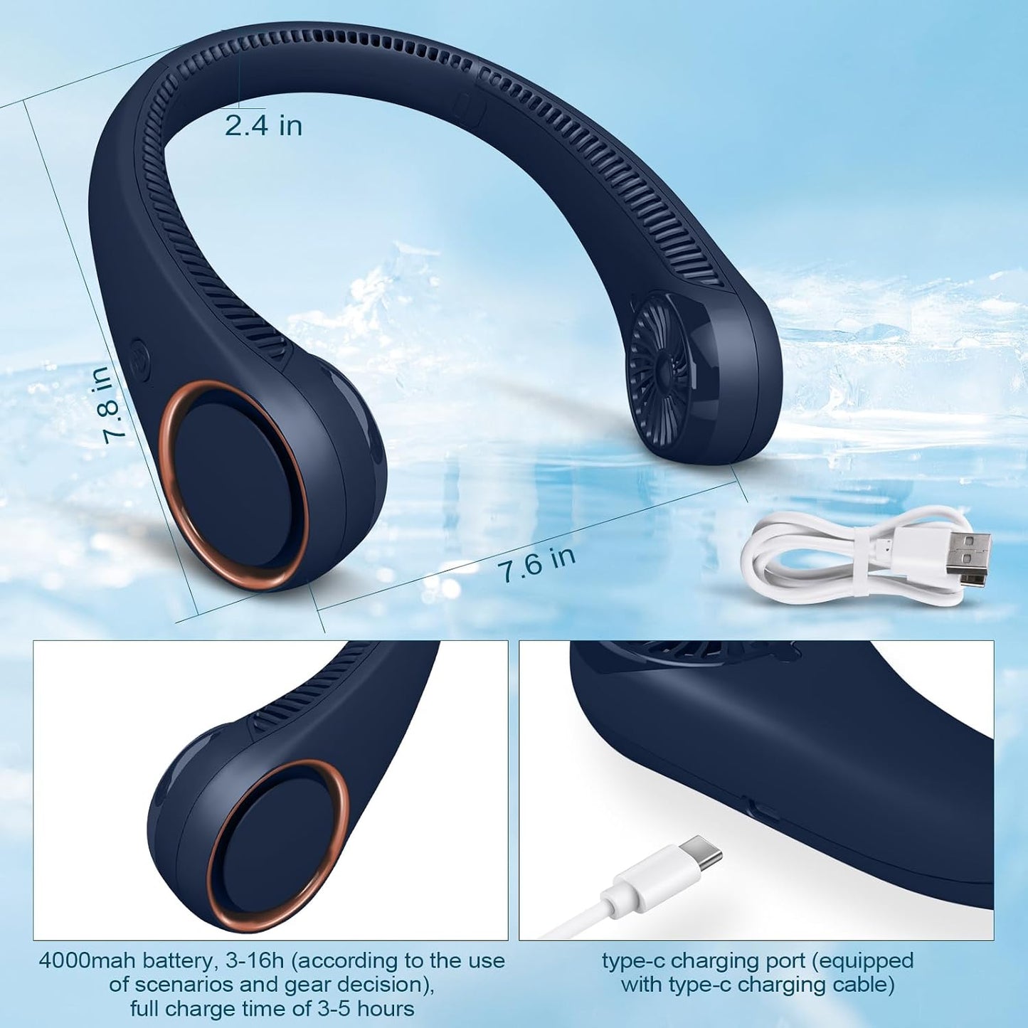 CIVPOWER Neck Fan: Portable Personal Neck Cooling Rechargeable Bladeless Fan - Hands Free 3 Speed 4000 mAh Battery USB Operated Wearable Headphone Design - Gift for Men Women Outdoor (Dark Blue)