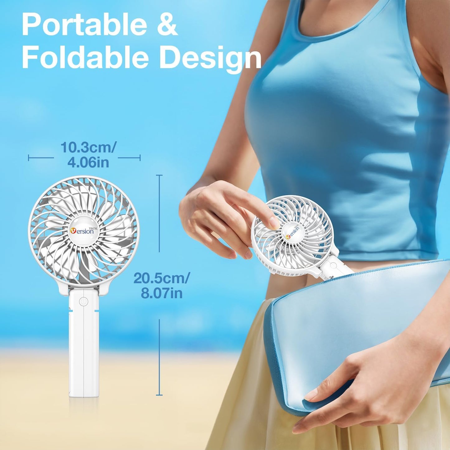 VersionTECH. Portable Handheld Fan, Powerful+Durable+4000mAh+180° Foldable, Mini Table Fans with USB Rechargeable Battery Operated Cooling Accessories for Personal Use, Travel, Office White