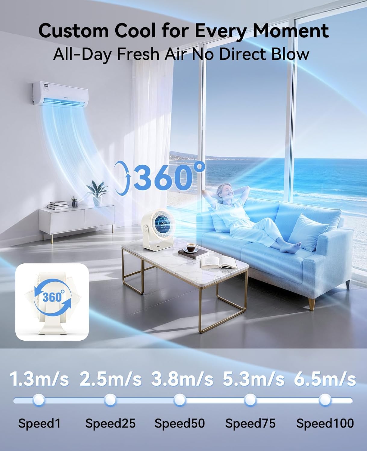 DIGIX Portable Desk Fan, 100 Speeds, 360° Rotation, USB Rechargeable | Quiet LED Display Table Fan with Wall Mount Design. Small Personal Cooling Fans for Home, Bedroom, Office & Travel, White