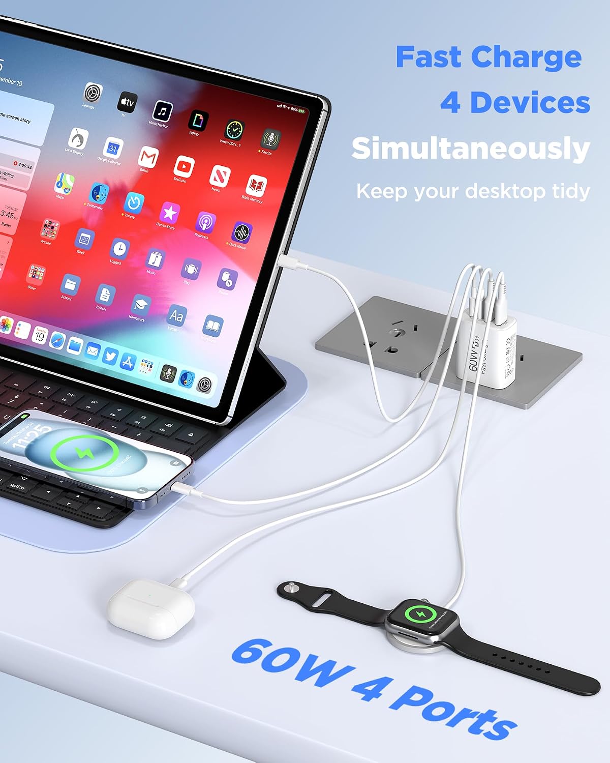 60W USB C Charger,2Pack 10FT iPhone 17 Pro Max Charger Fast Charging,4Port USB-A USBC Charger Block with 10ft USB C Cable Cord for Apple iPhone 17 Pro Max/17 Air/16 Pro Max/15 Plus/16/iPad,AirPods