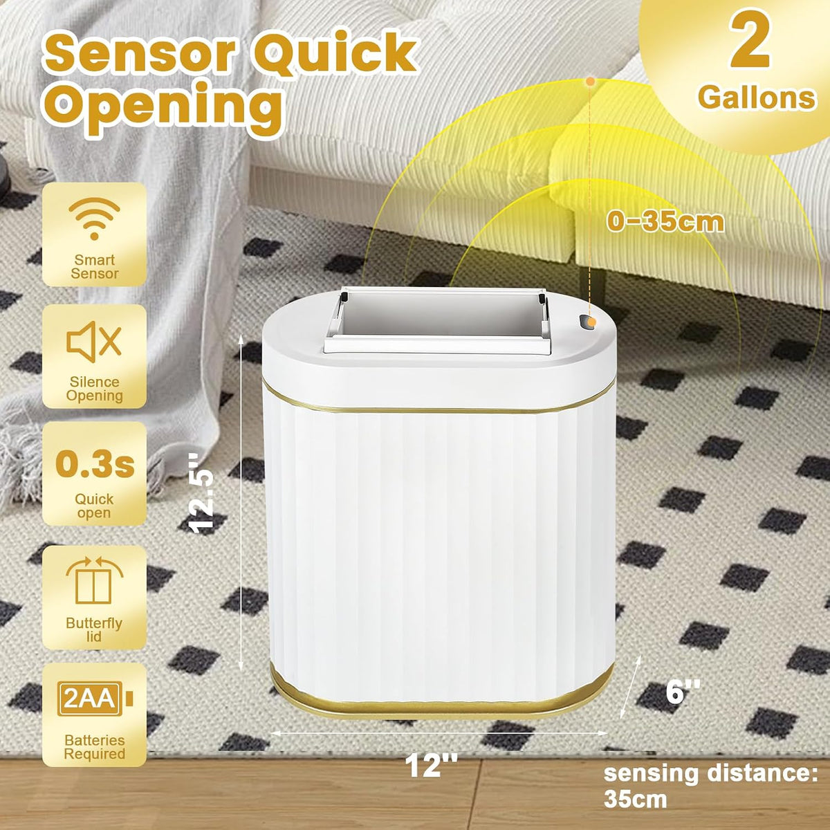 ELPHECO Motion Sensor Bathroom Trash Can with Lid 2 Gal Automatic Trash Can