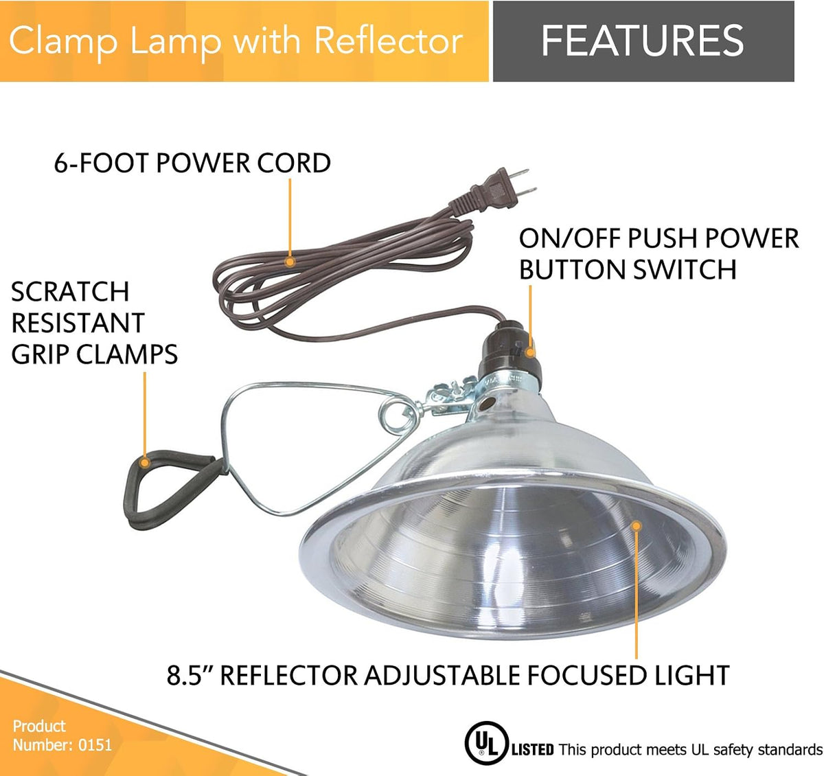 Woods Clamp Lamp Light with Aluminum Reflector; 150W; UL Listed; 6- Foot Cord