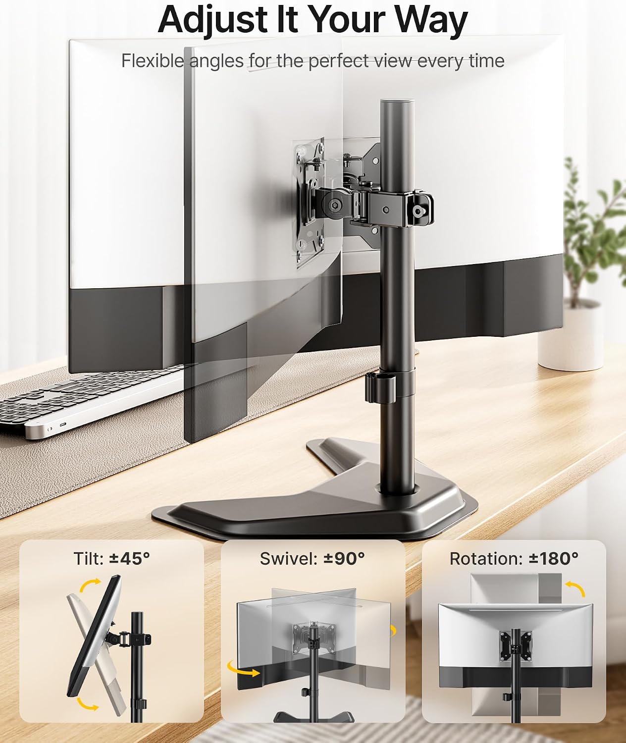 monTEK Freestanding Single Monitor Stand for 17-32" Screens, 22 lbs | Solid V-shaped base, single-screen full-motion arms, height adjustment, tilt, swivel, rotation and VESA 75/100