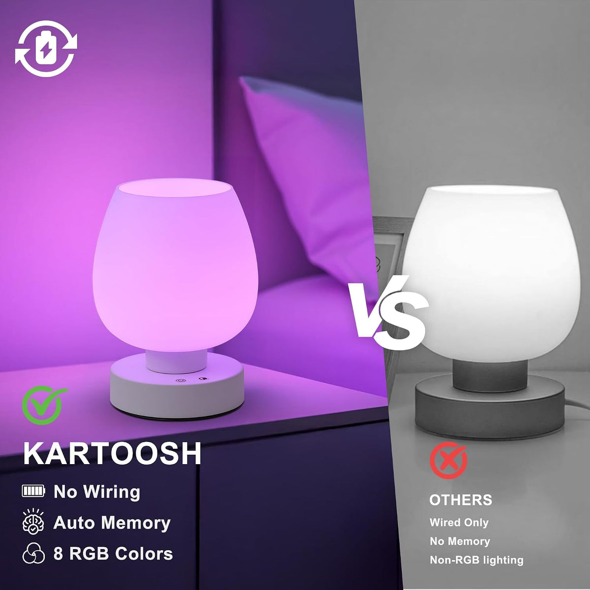 Cordless Touch Bedside Table Lamp, Small Rechargeable Battery RGB Light