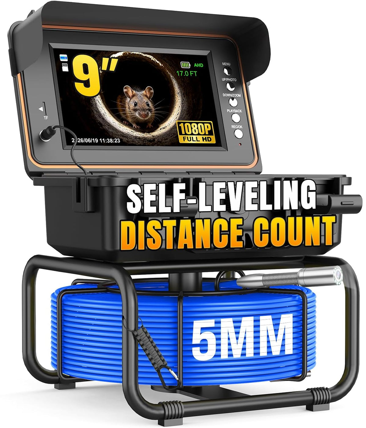 Anysun Sewer Camera, Drain Pipe Inspection Cam for DIY Home Plumbing | 1080P 9" IPS Screen, Self-Leveling, Distance Counter, 12 LEDs, Semi-rigid Cable, DVR 32GB, 5100mAh Rechargeable Battery