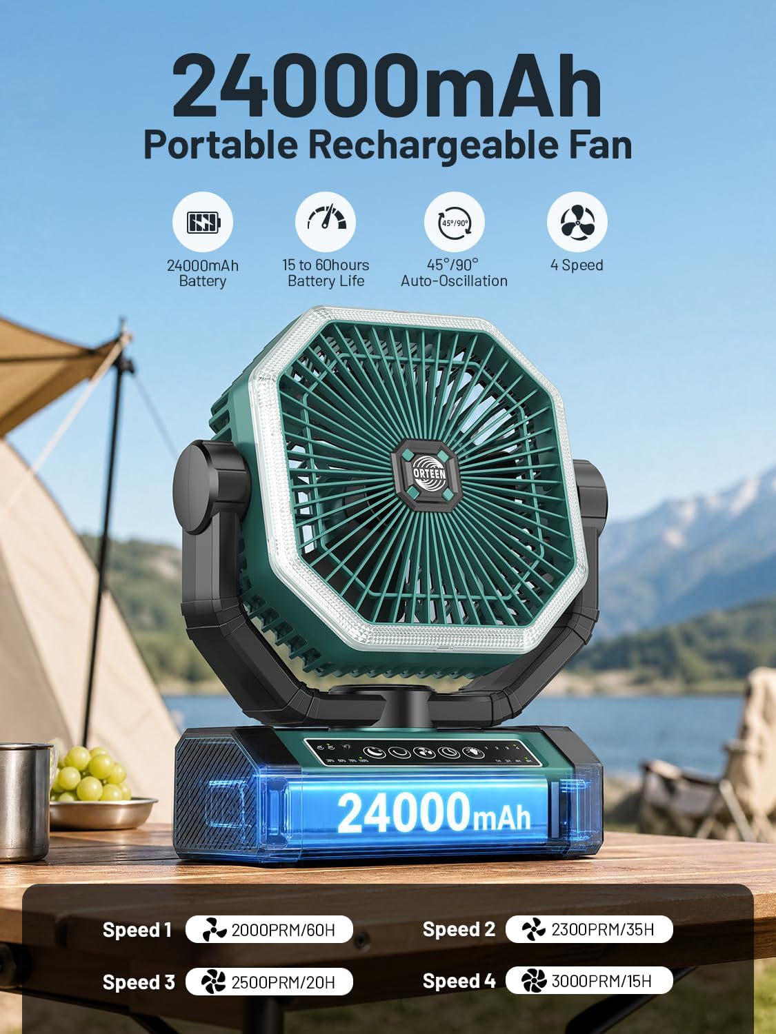 Portable Rechargeable Fan - 9-Inch Camping Fan for Tent, 24000mAh(60Hrs) Battery Operated Fan for Camping, Auto Oscillation Cordless Fans, Tent Fan with Remote/Light, 4 Speeds, 4 Timing, Outdoor