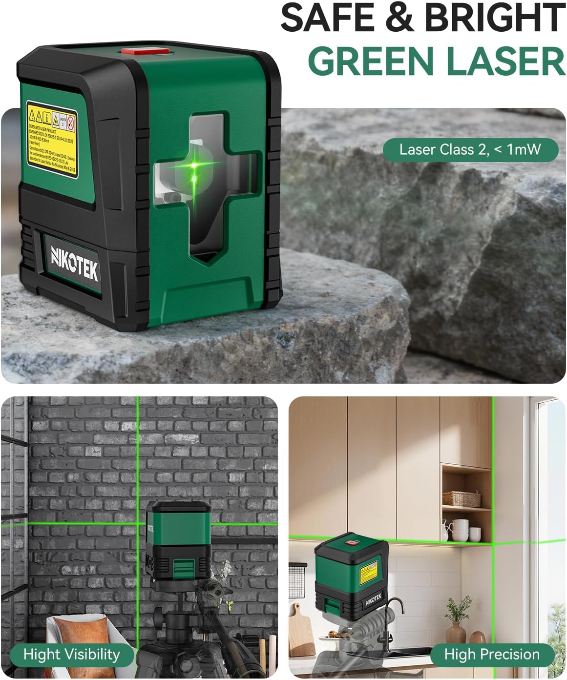 Laser Level, Self-leveling Green Line Laser With Horizontal and Vertical Lines for Construction and Picture Hanging, Battery Included (NK01G)