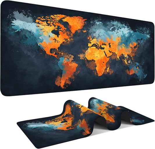 World Map Artistic Design Mouse Pad –35.43" x 15.75" Extended Abstract Desk Mat with Bold Orange and Blue Color Palette – Large Non-Slip Surface for Office, Home, and Study