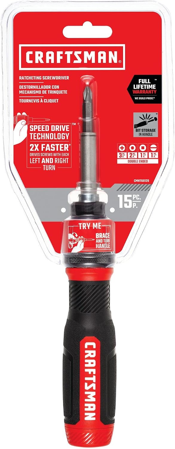 CRAFTSMAN Ratcheting Screwdriver, SpeedDrive, 2” Double Ended Bits Included, Handle Holds Up To 6 Bits (CMHT68129)