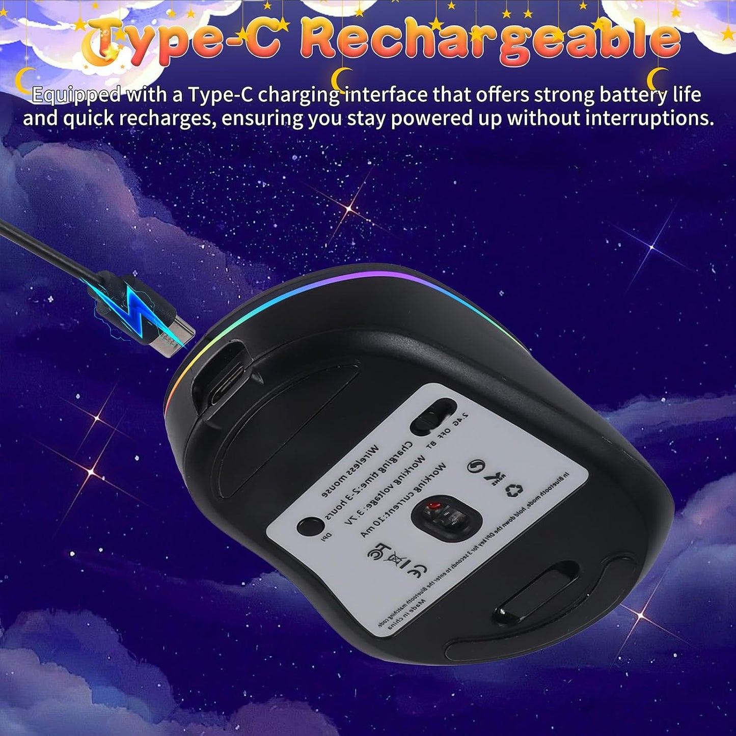elec Space Bluetooth Wireless Mouse with Starry Sky RGB Backlight&amp; Gradient Breathing Light - Ergonomic Dual Mode Rechargeable Mouse, Type-C Charging - Perfect for Office, Gaming &amp; Travel (Balck)