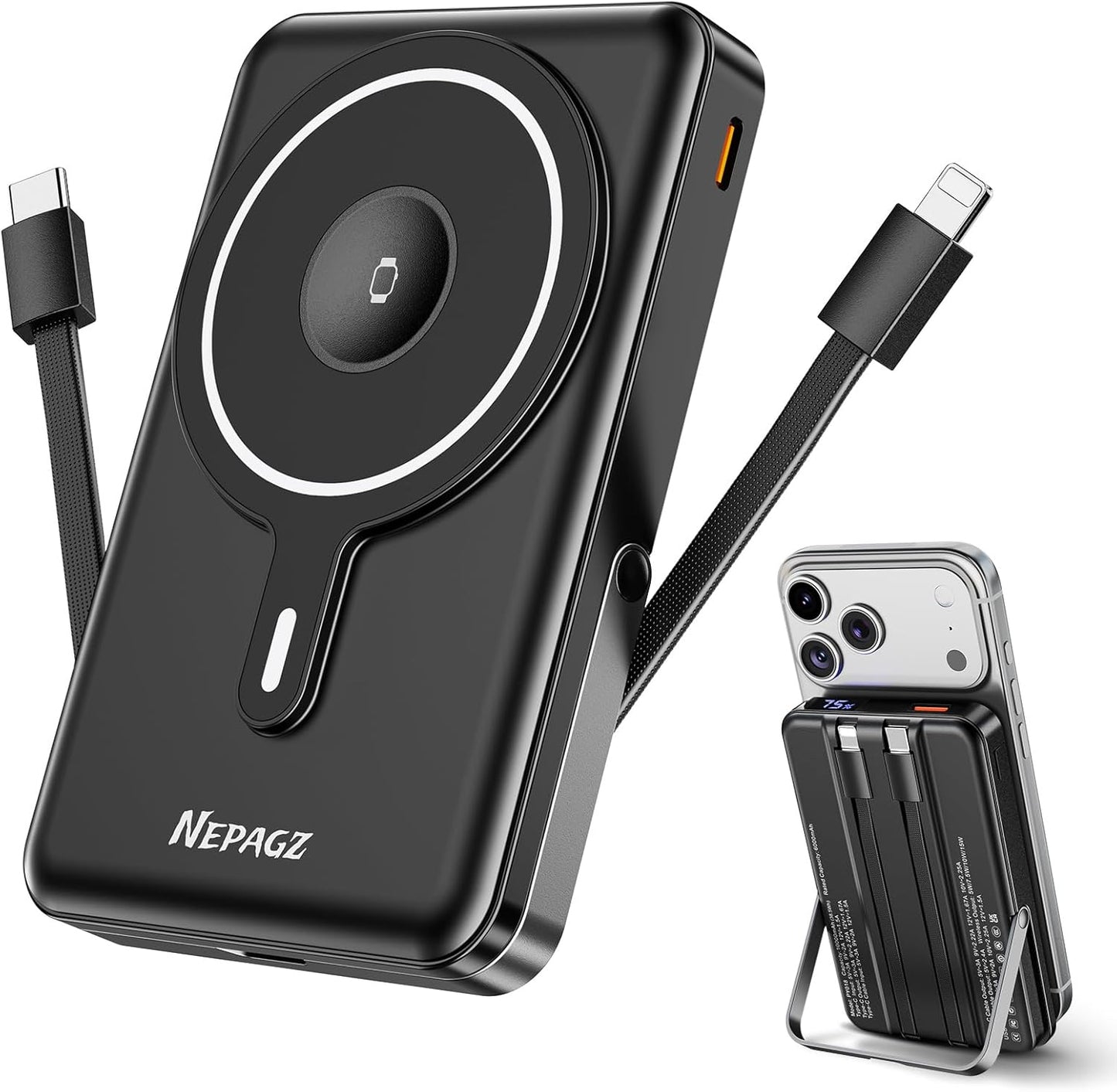 for Magsafe Portable Charger, 10000mAh Power Bank, Dark Black | PD 22.5W Fast Charging with USB-C Cable, Foldable Stand, Magnetic Wireless Charger for iPhone 17/16/15/14/13/12 Series