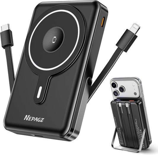 for Magsafe Portable Charger, 10000mAh Power Bank, Dark Black | PD 22.5W Fast Charging with USB-C Cable, Foldable Stand, Magnetic Wireless Charger for iPhone 17/16/15/14/13/12 Series