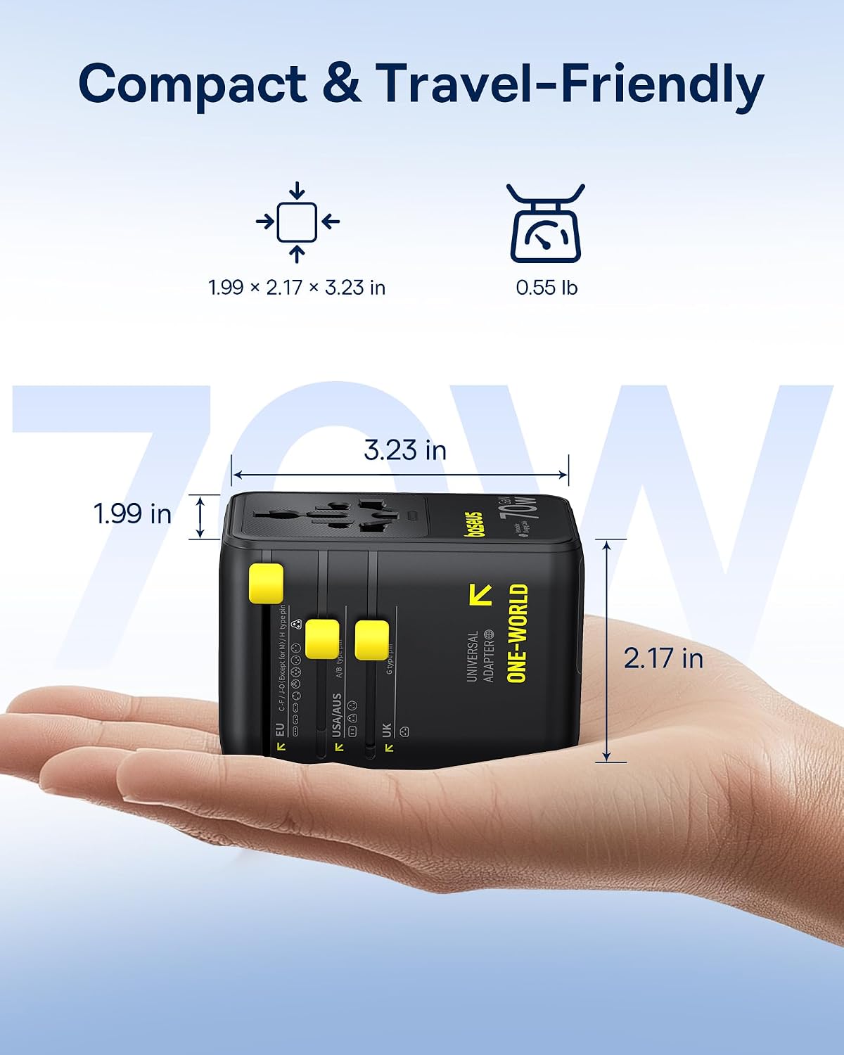 Baseus 70W Universal Travel Adapter, 6-in-1 International Plug Adapter | Worldwide Wall Charger with Retractable Cable, USB-C Fast Charging for USA/EU/UK/AUS and Over 200 Countries - Enercore CG11