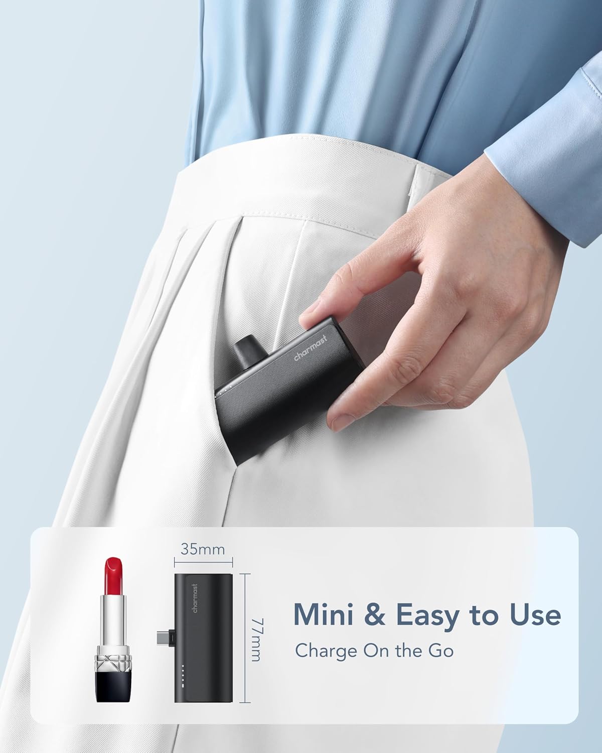 charmast Mini Portable Charger USB-C Connector, 5000mAh Small Power Bank | Lipstick-Size Battery Pack for iPhone 17/16/15 Samsung Android, Lightweight, Purse Ready, Direct Plug-in, 20W Fast Charging