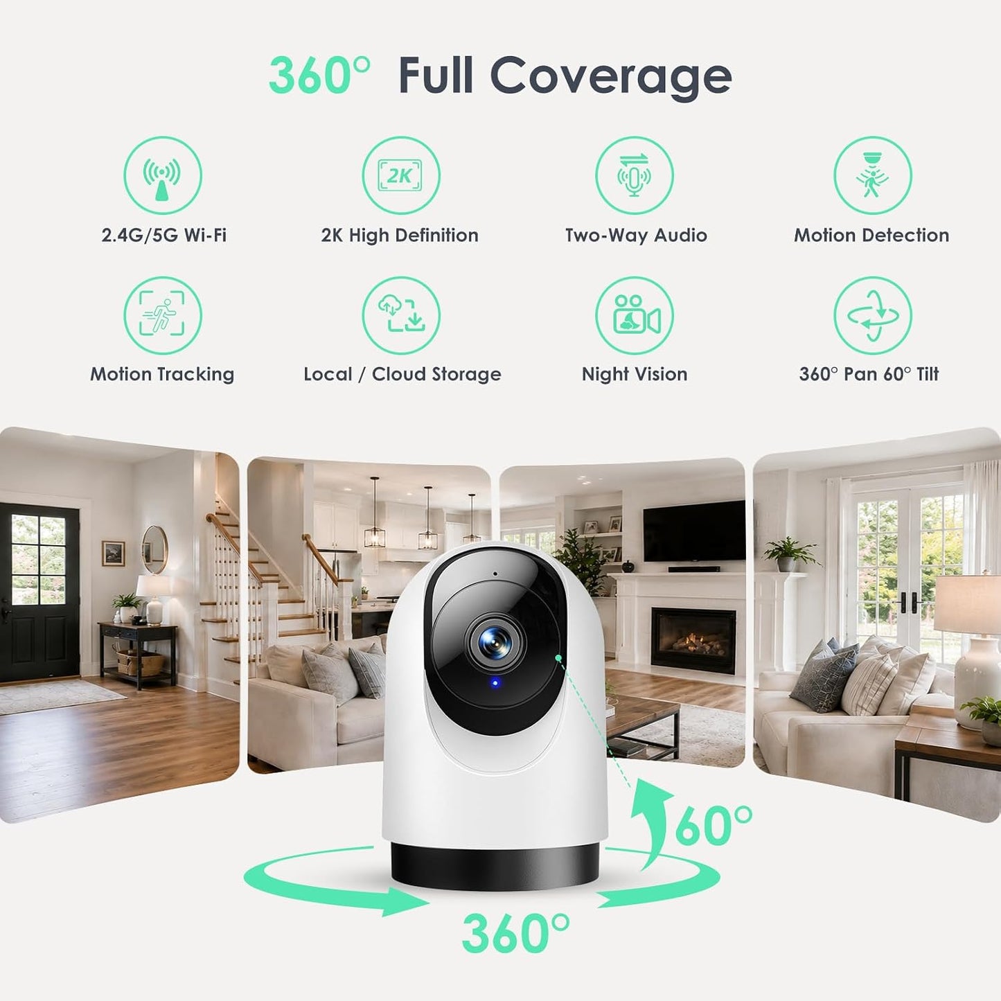YOTON Indoor Security Camera, 2K 360° Wi-Fi Baby Monitor & Pet Camera w/Motion Tracking, 2-Way Audio, Night Vision, SD/Cloud, Compatible with Alexa & Google Home, 2.4/5GHz