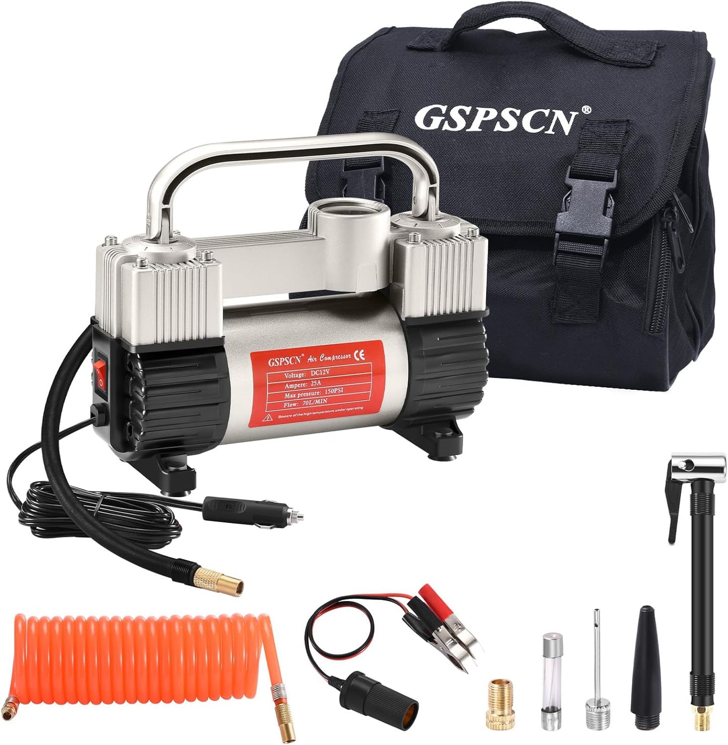GSPSCN 12V Heavy Duty Tire Inflator Metal Portable Air Compressor Pump | 6X Faster Inflation Dual Cylinders 150PSI Air Pump with Adapter for Car, RV,Pickup Truck, SUV, Van,Camper, Air Bed,Ball