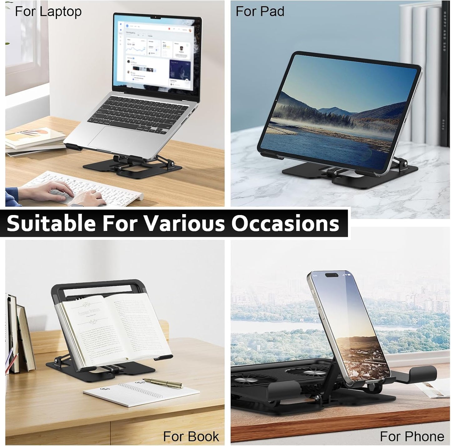 Laptop Cooling Stand with Detachable Fan,2-IN-1 Laptop Stand with Phone Holder and Silent Fans,Adjustable Height and Angle,Carbon Steel Framework,Laptop Cooling Pad for up to 16”Laptop (Black)