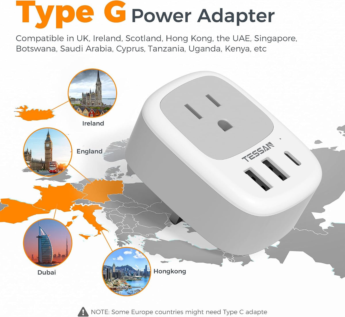 TESSAN US to UK Plug Adapter, Type‑G Adaptor 3‑Pack | 3 USB Ports (1 USB‑C), for Ireland Scotland Dubai Hong Kong Kenya London England